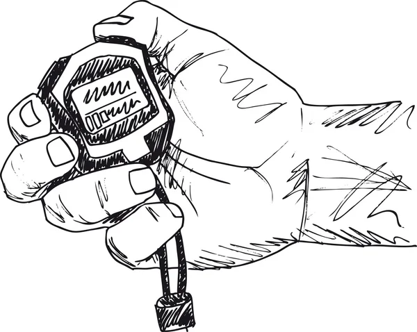 Boceto de la mano masculina sosteniendo un cronómetro. Ilustración vectorial — Vector de stock