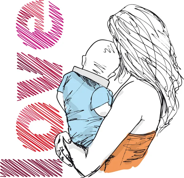 Anne ve bebek, vektör çizim ve eskiz — Stok Vektör