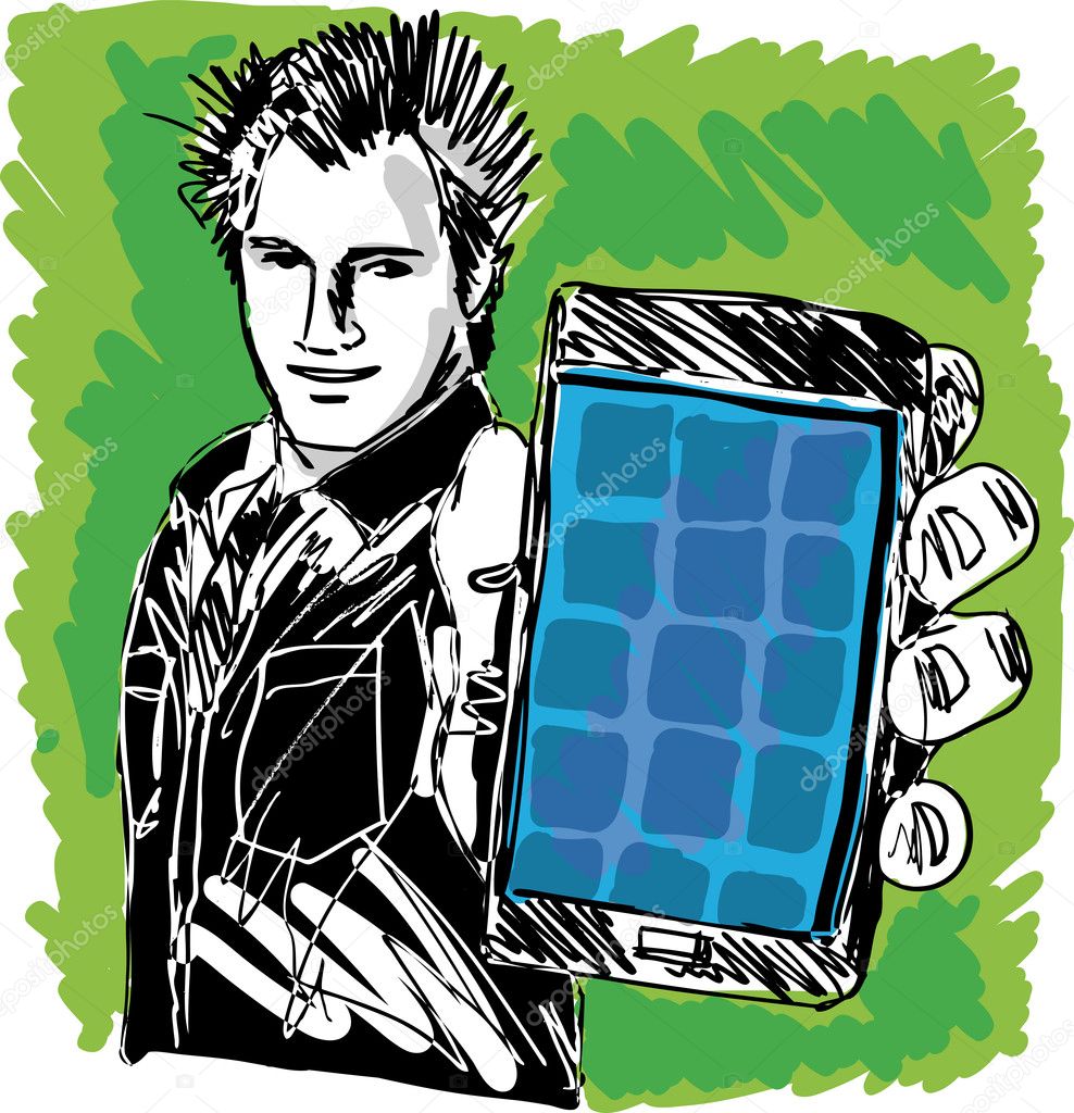 Sketch of Handsome guy showing his Modern Smartphone.