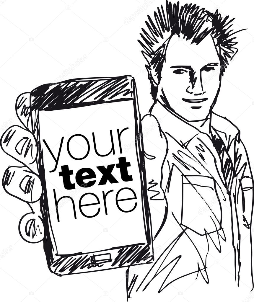 Sketch of Handsome guy showing his Modern Smartphone.