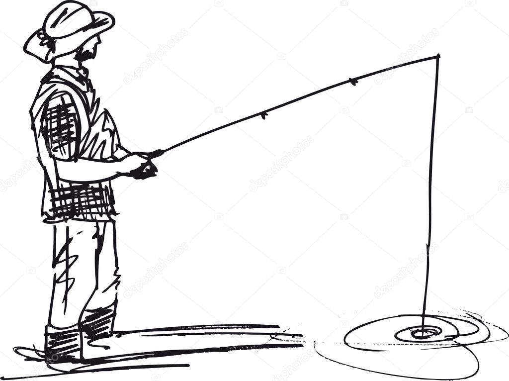 Sketch of fisherman with rod. Vector illustration