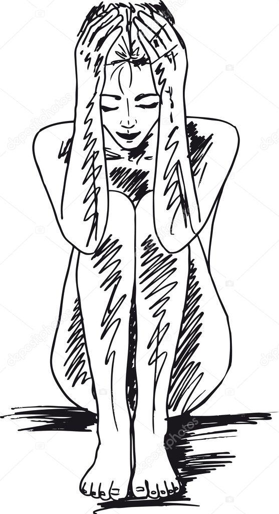 Sketch of naked woman touching her head. Vector illustration