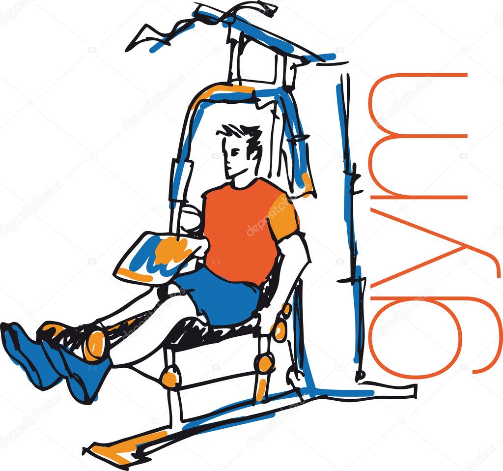 Sketch of man using pulldown machine in gym. Vector illustration