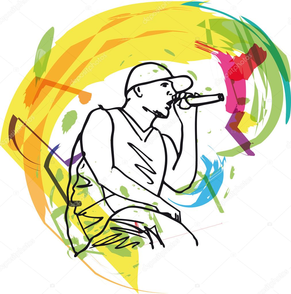 Sketch of hip hop singer singing into a microphone.