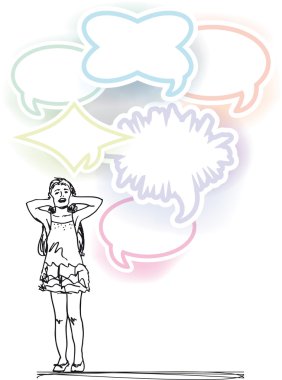 Sketch of girl covering ears from loud noise balloons. clipart