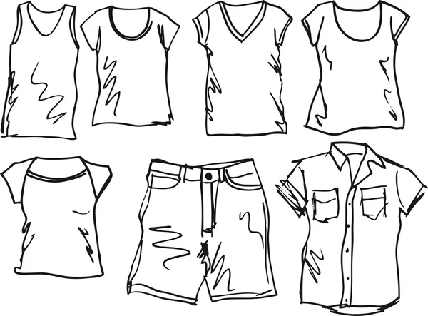 Sommerbekleidung Skizzen Kollektion. Vektorillustration — Stockvektor