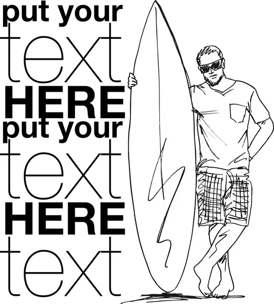 Boceto del hombre con tabla de surf. Ilustración vectorial — Vector de stock