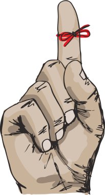 Sketch of Right hand with reminder string tied to index finger. clipart