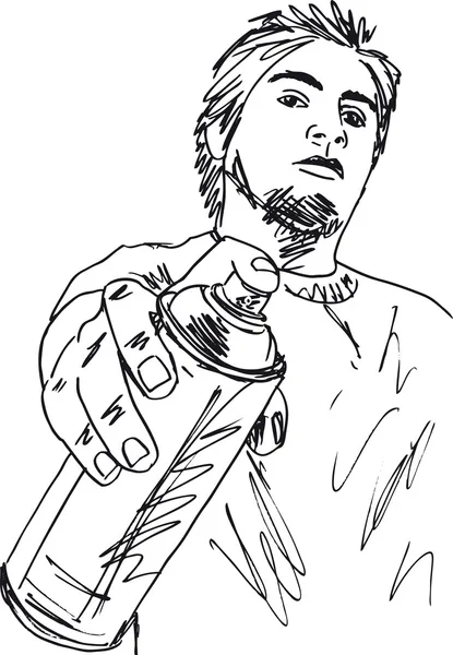 Skiss av ung man med en burk av spray. vektor illustration — Stock vektor