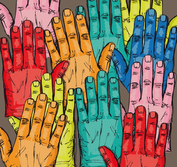 Skizze einer freiwilligen Gruppe, die die Hände hebt. Vektorillustration — Stockvektor