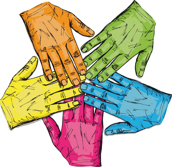Kleurrijke groep van handen geïsoleerd op wit. vectorillustratie — Stockvector