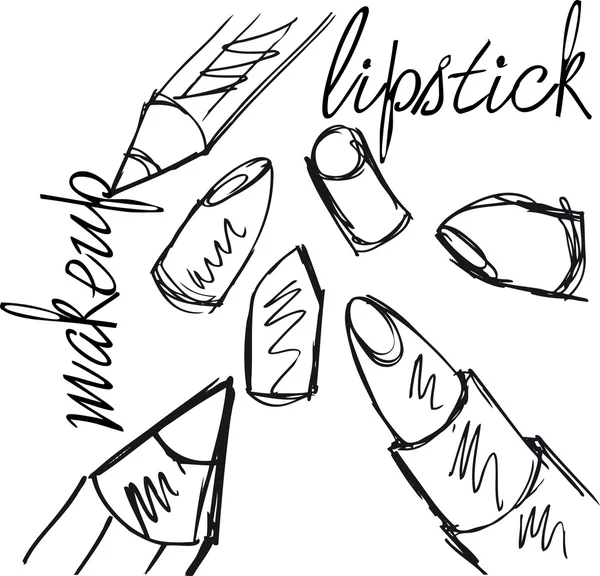 Sketsa Lipstik dan lipliner diisolasi pada latar belakang putih - Stok Vektor