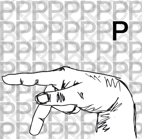 Schizzo dei gesti della mano della lingua dei segni, lettera P . — Vettoriale Stock