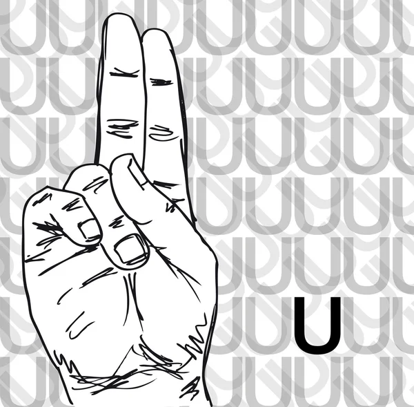 Bosquejo de lenguaje de señas gestos con las manos, letra u. — Stockvector