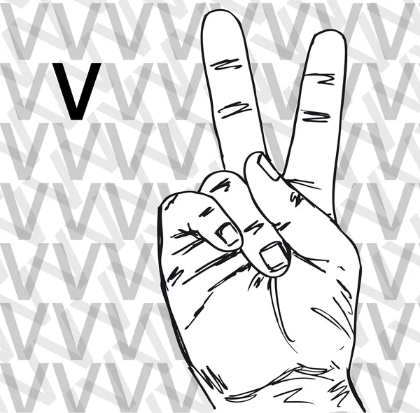 Schita limbajului semnelor Gesturi de mână, Scrisoarea V. vector ilustra — Vector de stoc