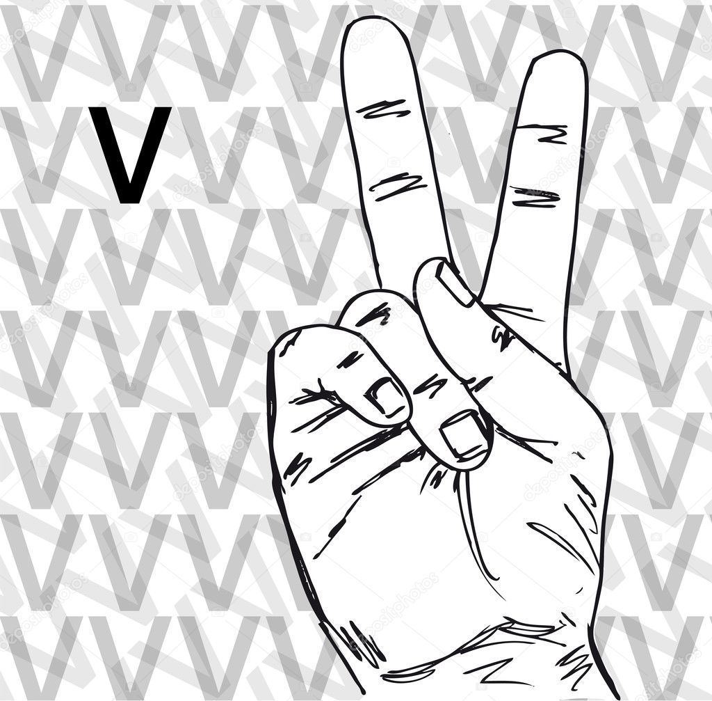 Sketch of Sign Language Hand Gestures, Letter V. vector illustra