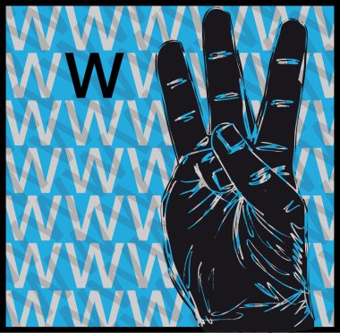İşaret dili el hareketlerinin çizimi, W harfi vektör illüstrasyonu.