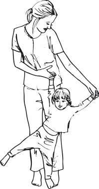 Sketch of little girl having fun with her beautiful mother. Vect clipart