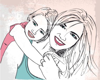 Sketch of little girl having fun with her beautiful mother. Vect clipart