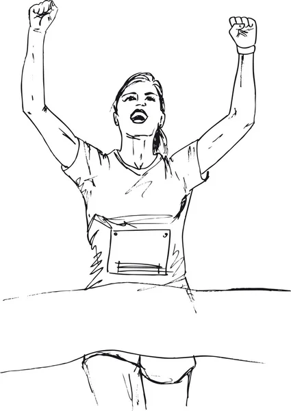 Skizze einer Frau, die bei einem Laufevent das Ziel erreicht. vec — Stockvektor