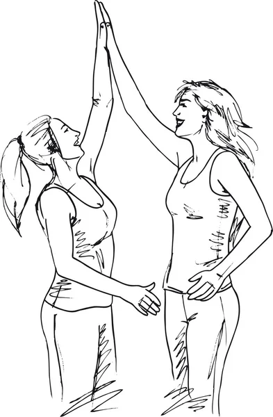 Skiss av glada unga kvinnor. vektor illustration — Stock vektor