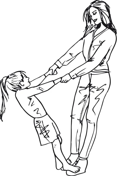 Skizze eines kleinen Mädchens, das Spaß mit seiner schönen Mutter hat. vect — Stockvektor