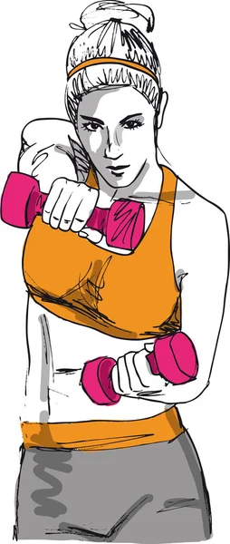 Skiss av en kvinna som tränar på gym med hantel vikter. — Stock vektor