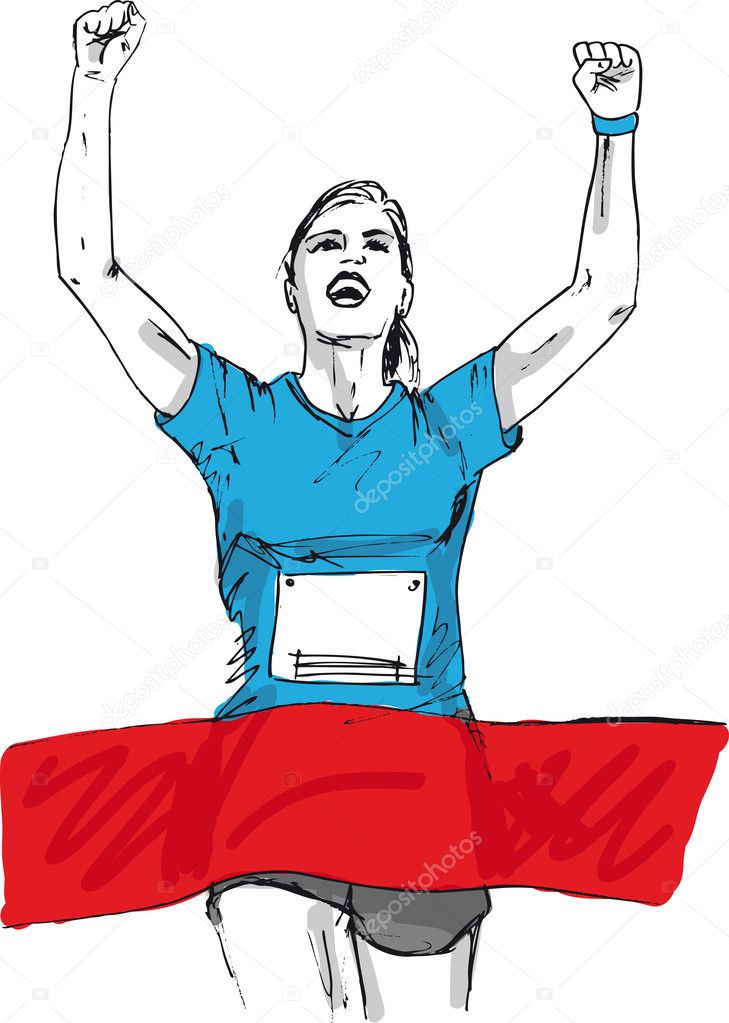 Sketch of woman reaching the finish line in a running event. vec