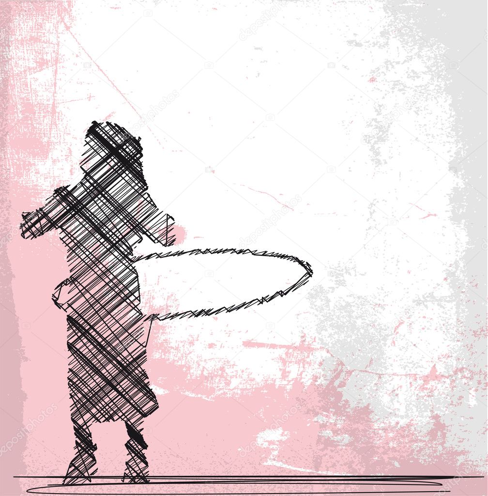 Abstract Sketch of Young girl playing with hula hoop. vector ill
