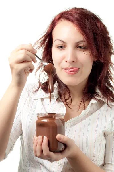 Mujer tomando chocolate propagación — Foto de Stock