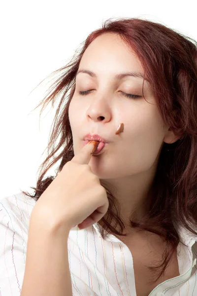 Woman Tasting Chocolate Spread — Stock Photo, Image