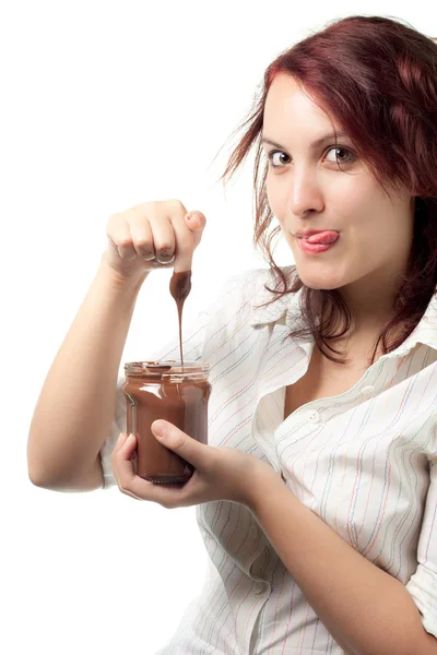 Žena čokoládová pomazánka — Stock fotografie