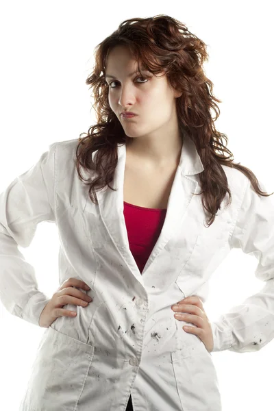 Woman in Doubt with White Coat — Stock Photo, Image