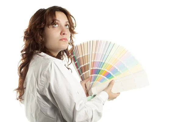 Woman in Doubt with Color Swatch — Stock Photo, Image