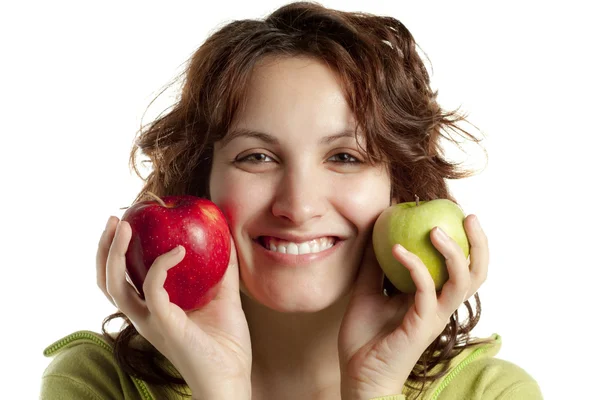 Mulher sorridente com maçãs — Fotografia de Stock