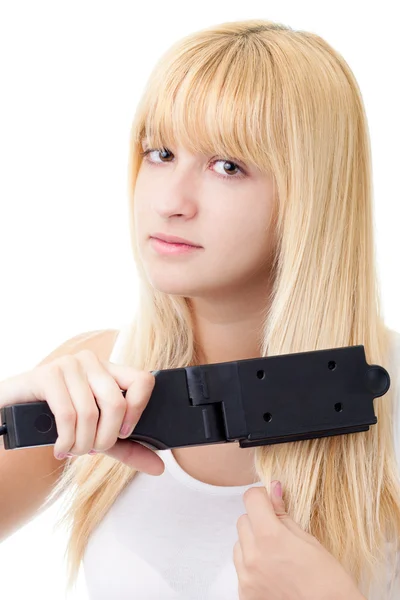 Woman with Hair Straightener — Stock Photo, Image