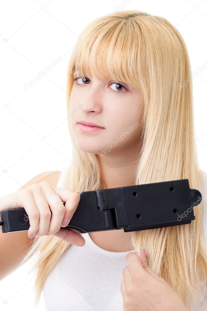 Woman with Hair Straightener