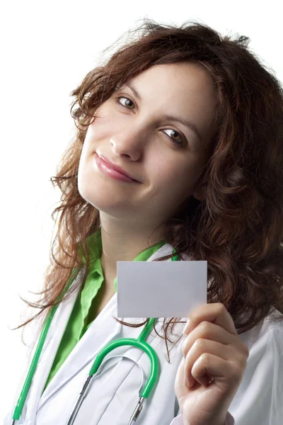 Woman Doctor with Business Card — Stock Photo, Image