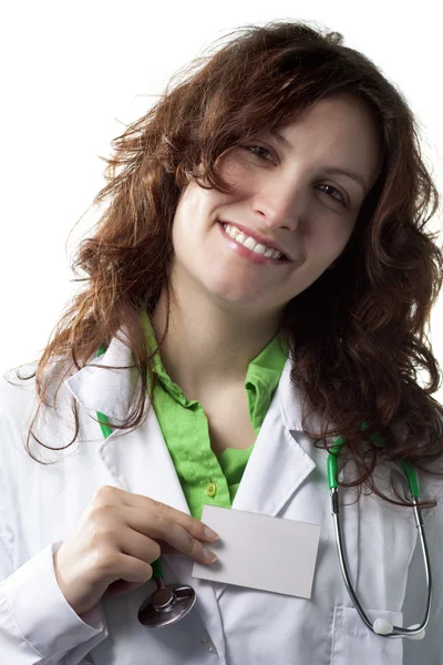 Woman Doctor with Business Card — Stock Photo, Image