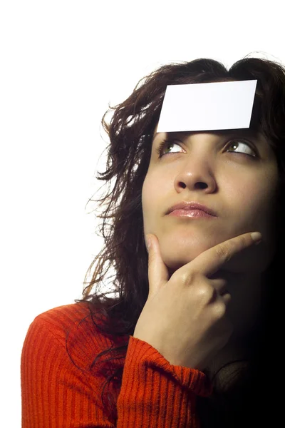 Woman with Business Card on Her Forehead — Stock Photo, Image
