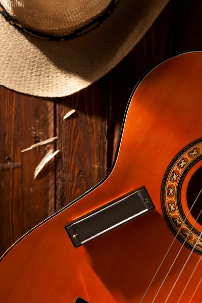 Harmonica on Guitar with Cowboy Hat — Stock Photo, Image