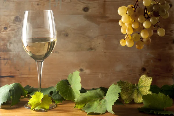 Glass with White Wine and Grapes — Stock Photo, Image