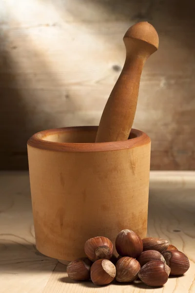 Mortar and Pestle with Nuts — Stock Photo, Image