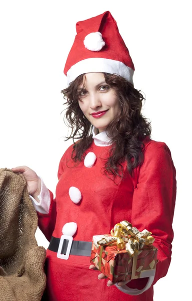 Santa Woman with Present — Stok fotoğraf