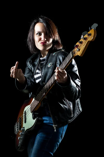 Rock Woman Playing Electric Bass Guitar — Stock Photo, Image