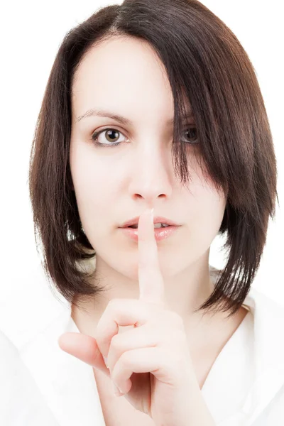 Cute Brunette Looking at Camera Asking to Stay Quiet — Stock Photo, Image