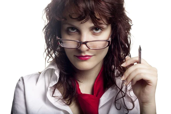 Woman with Pen and Glasses — Stock Photo, Image