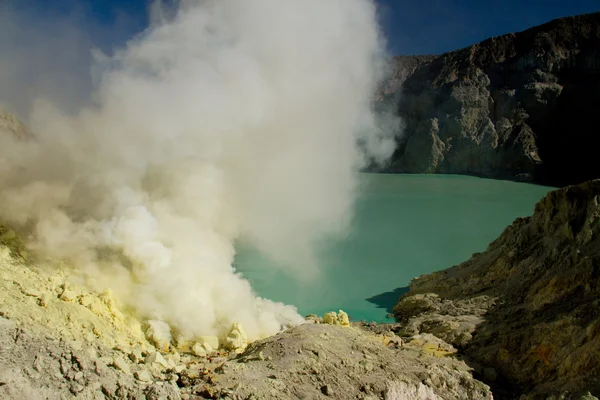 黄色硫磺矿与火山，爱静高原里面的蓝色湖泊 — 图库照片