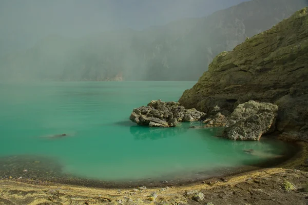 stock image Yellow sulfur mine with blue lake inside volcano, Ijen Plateau