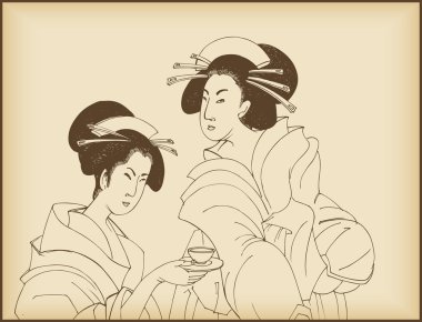 Young ladies drinking tea- japanese style drawing clipart